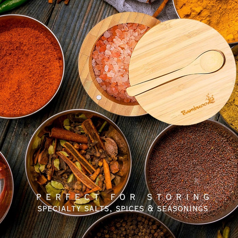 Bambuood Premium Bamboo Salt Cellar with Swivel Magnetic Lid - 100% Handmade, Elegant Salt & Spices Storage Box and Multi-Use Container with Mini Spoon. - Image 3