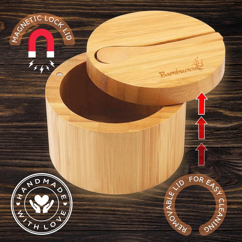 Bambuood Premium Bamboo Salt Cellar with Swivel Magnetic Lid - 100% Handmade, Elegant Salt & Spices Storage Box and Multi-Use Container with Mini Spoon. - Image 5