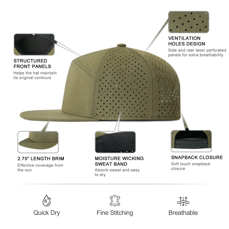 FEINION Men Flat Brim Adjustable Performance Hat Snapback Laser Perforated Baseball Cap (Army Green) - Image 3