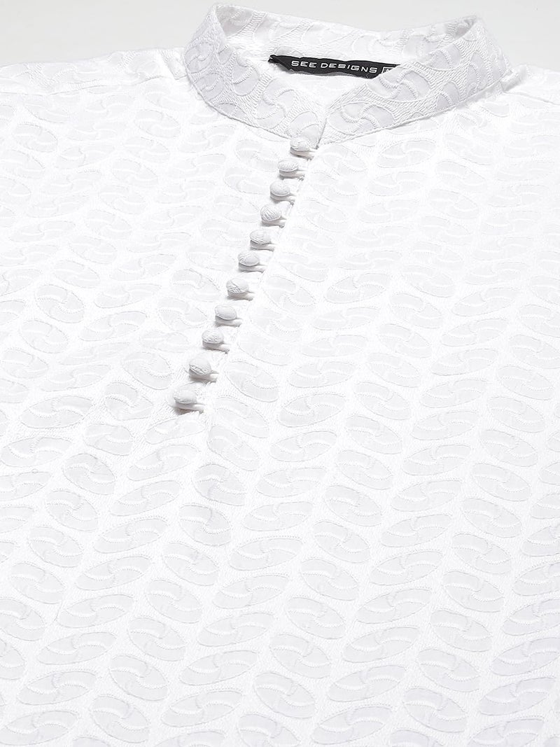 See Designs Men's Cotton Embroidered Regular Fit Kurta (SDKT1095_White_XS) - Image 2
