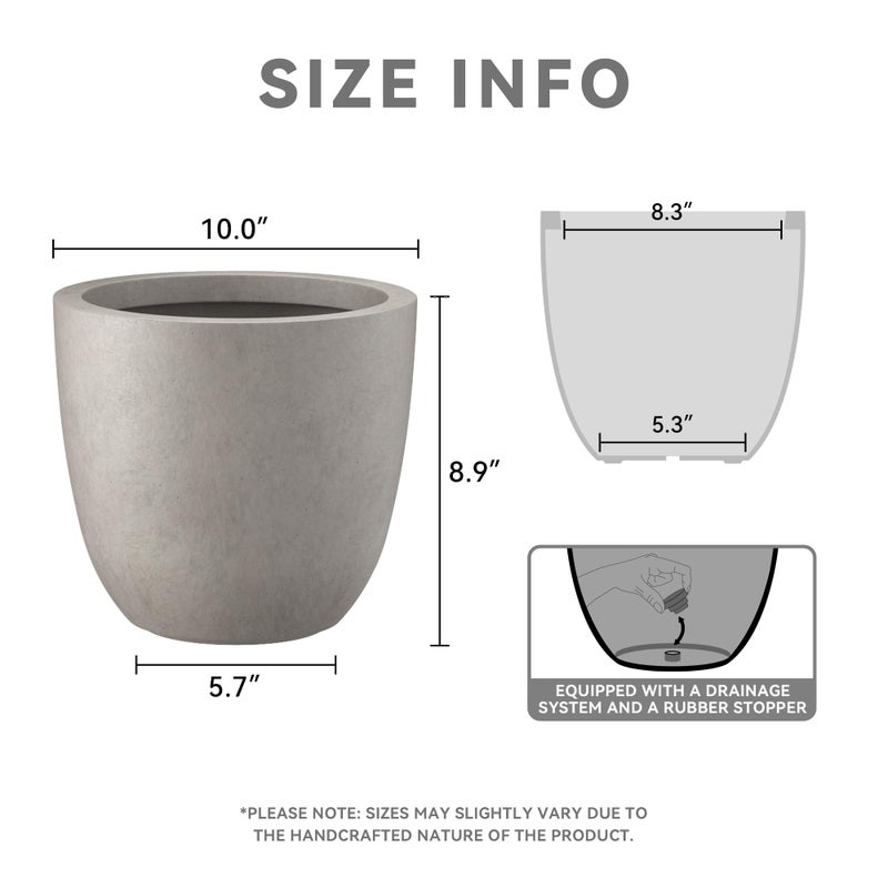 Kante 10 Inch Dia Round Concrete Planter, Indoor Outdoor Large Plant Pot with Drainage Hole and Rubber Plug for Home Patio Garden, Weathered Concrete - Image 2