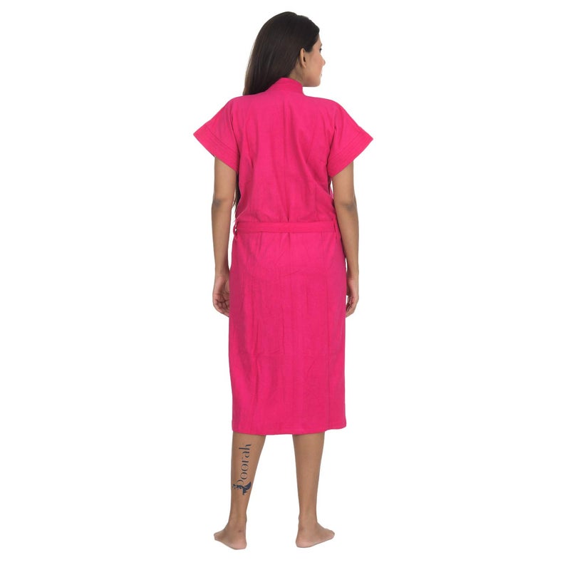 Poorak Dark Collection Dark Pink Color Half Sleeves Soft Terry Cotton Bathrobe for Women Free Size Upto 42 Inches - Image 4