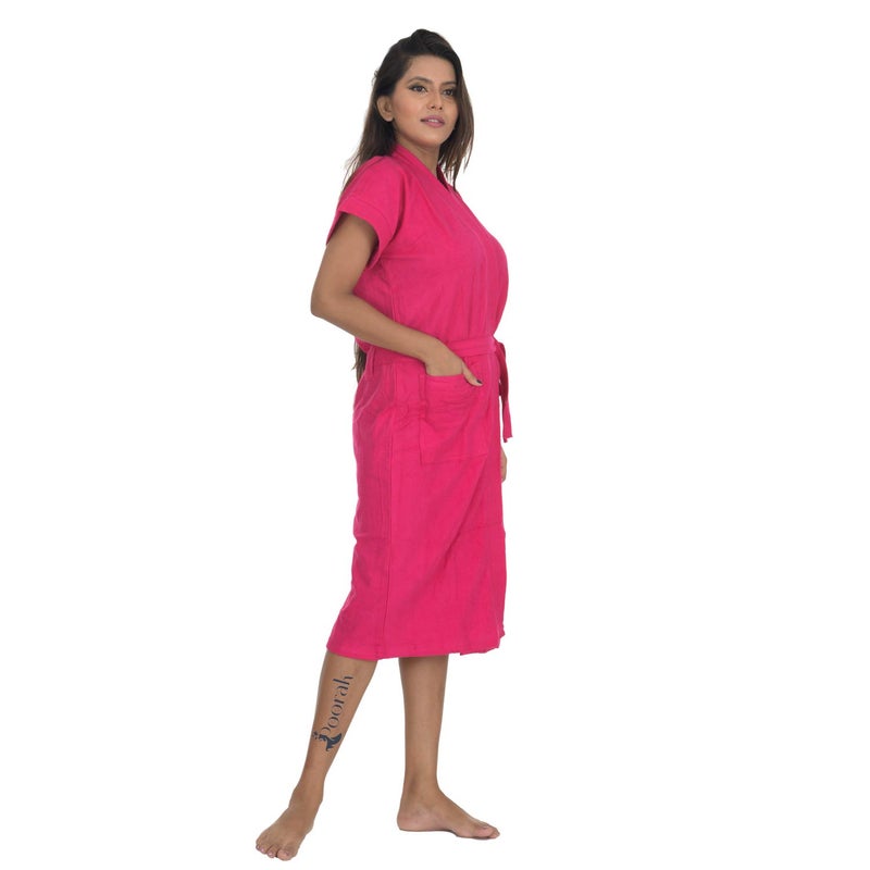 Poorak Dark Collection Dark Pink Color Half Sleeves Soft Terry Cotton Bathrobe for Women Free Size Upto 42 Inches - Image 2