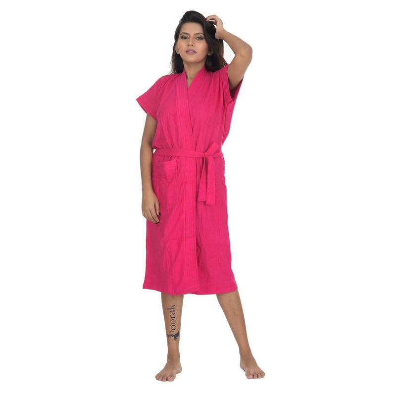 Poorak Dark Collection Dark Pink Color Half Sleeves Soft Terry Cotton Bathrobe for Women Free Size Upto 42 Inches - Image 1