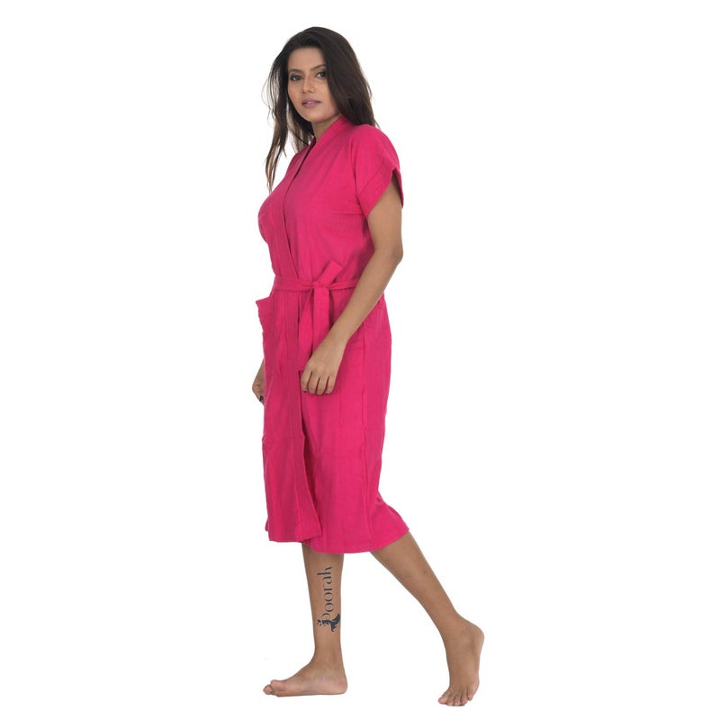Poorak Dark Collection Dark Pink Color Half Sleeves Soft Terry Cotton Bathrobe for Women Free Size Upto 42 Inches - Image 3