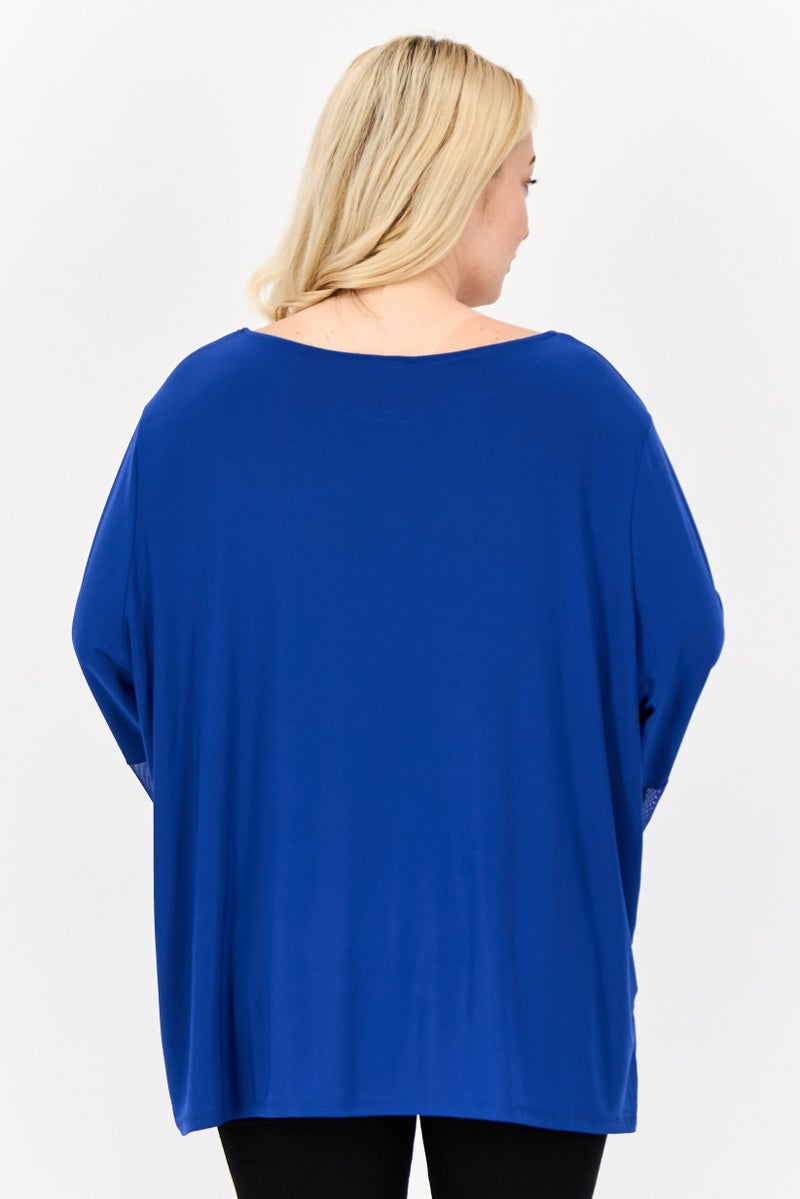 NY Collection Women Round Neck Bell Sleeves Embellished Blouse, Blue - Image 2