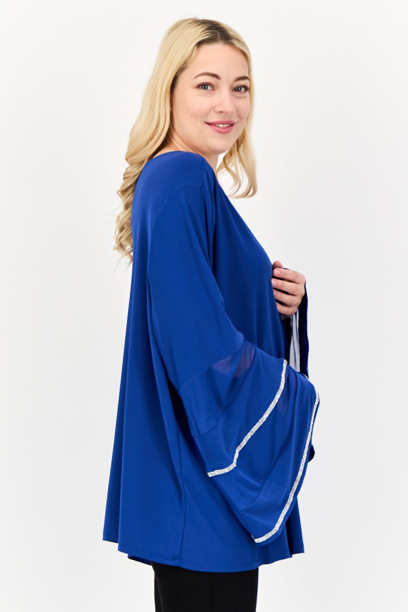 NY Collection Women Round Neck Bell Sleeves Embellished Blouse, Blue - Image 4