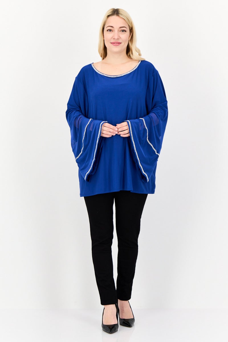 NY Collection Women Round Neck Bell Sleeves Embellished Blouse, Blue - Image 3