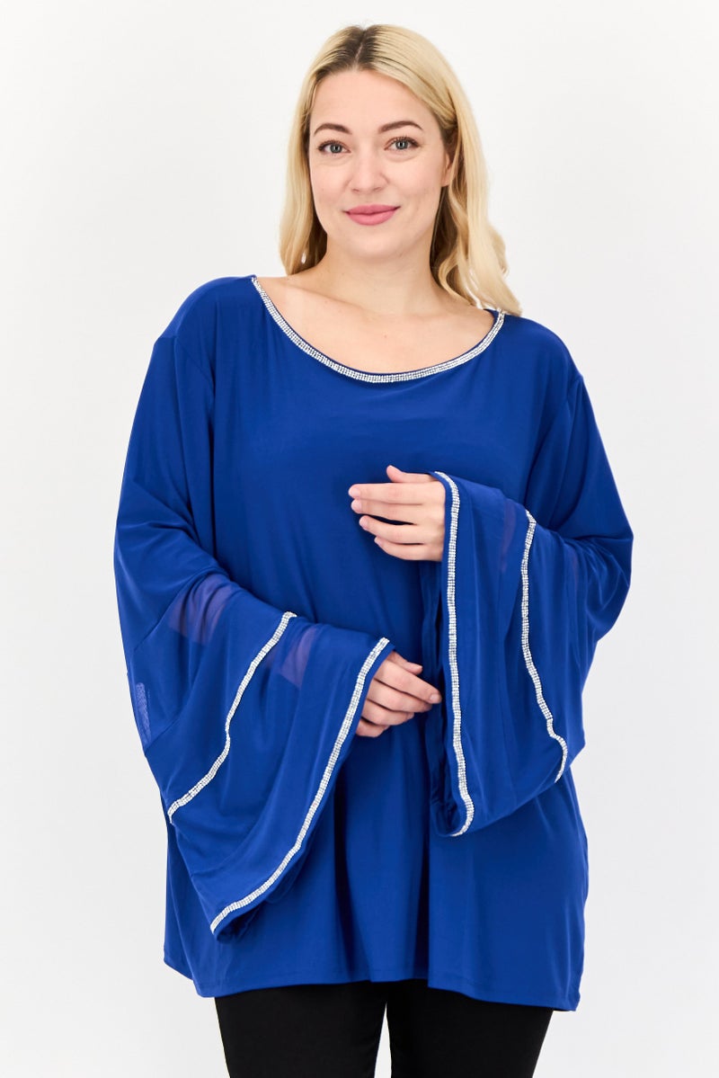 NY Collection Women Round Neck Bell Sleeves Embellished Blouse, Blue - Image 1