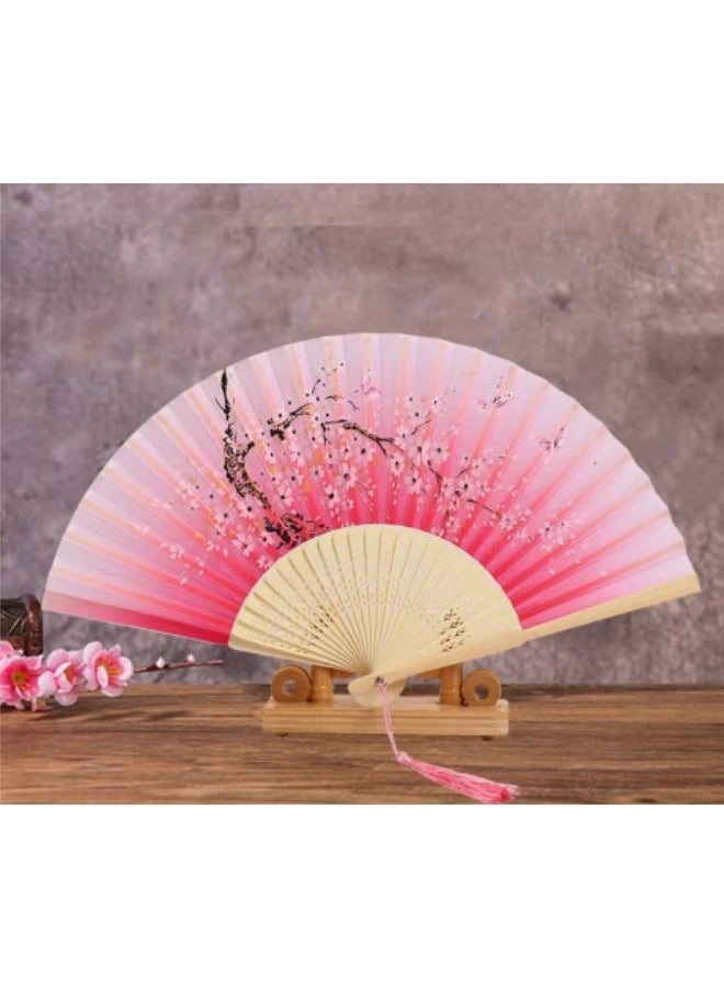 Handheld Portable Fan Simulated Silk Cloth Folding Handheld Fan Women's Hollow Bamboo Handheld Fan Wall Decoration Wedding Party Gift Pink - Image 1