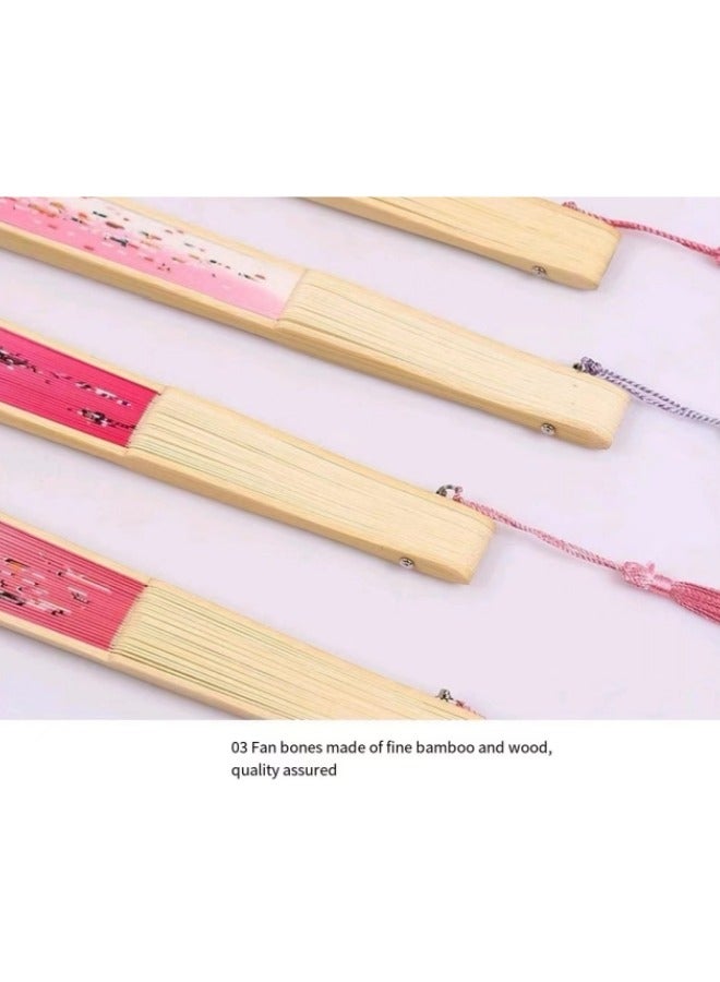 Handheld Portable Fan Simulated Silk Cloth Folding Handheld Fan Women's Hollow Bamboo Handheld Fan Wall Decoration Wedding Party Gift Pink - Image 4