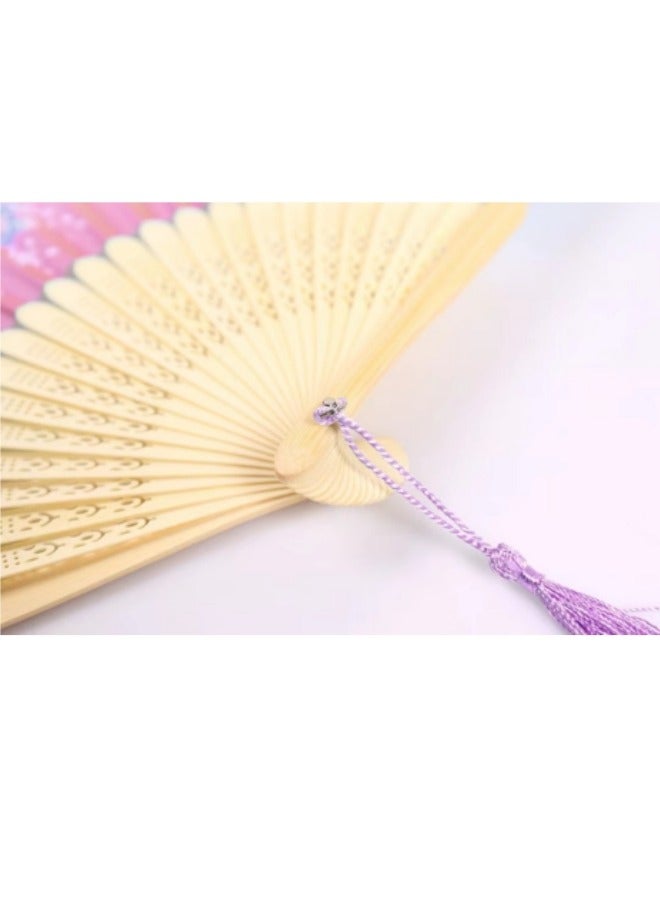 Handheld Portable Fan Simulated Silk Cloth Folding Handheld Fan Women's Hollow Bamboo Handheld Fan Wall Decoration Wedding Party Gift Pink - Image 5