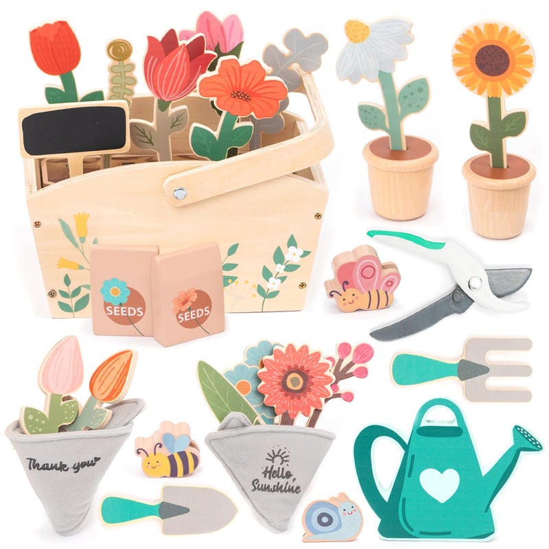 umu Wooden Garden Play Set 30 Pcs Kids Gardening Toy with Watering Can Shovel Rake Basket Accessories Outdoor Pretend Play Tool Set for Boys Girls Ages 3 4 5 6 - Image 3
