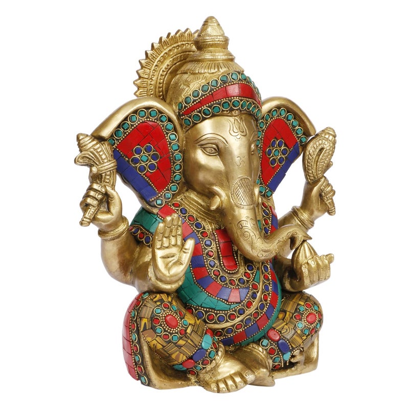 Artvarko Large Brass Ganesha Idol Big Ganesh Statue Murti God Ganpati with Multicolor Gemstone Handwork for Home Dcor Gifting 11 Inches Height 55 Kg - Image 3