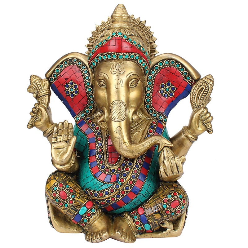 Artvarko Large Brass Ganesha Idol Big Ganesh Statue Murti God Ganpati with Multicolor Gemstone Handwork for Home Dcor Gifting 11 Inches Height 55 Kg - Image 1