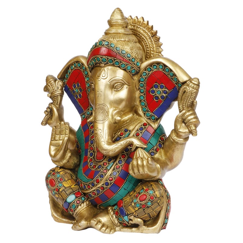 Artvarko Large Brass Ganesha Idol Big Ganesh Statue Murti God Ganpati with Multicolor Gemstone Handwork for Home Dcor Gifting 11 Inches Height 55 Kg - Image 4