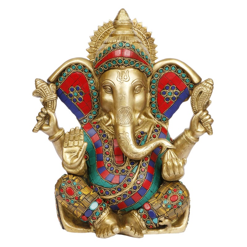 Artvarko Large Brass Ganesha Idol Big Ganesh Statue Murti God Ganpati with Multicolor Gemstone Handwork for Home Dcor Gifting 11 Inches Height 55 Kg - Image 2