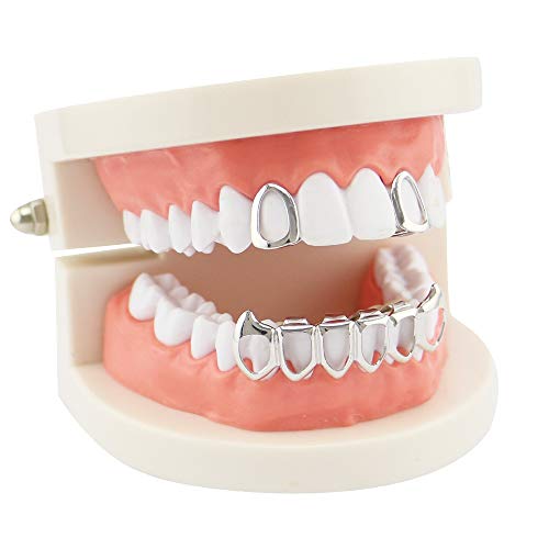 Huliyhus 18K Gold Plated Hip Hop Teeth Grillz Caps Open Face 2pcs Single Top and Bottom Grills for Your Teeth Grillz Set for Men Women (Silver) - Image 3
