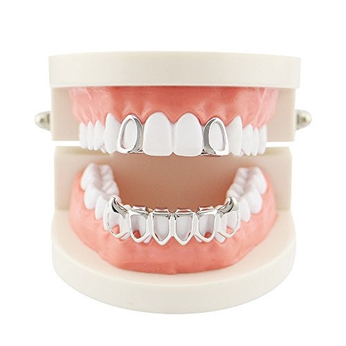 Huliyhus 18K Gold Plated Hip Hop Teeth Grillz Caps Open Face 2pcs Single Top and Bottom Grills for Your Teeth Grillz Set for Men Women (Silver) - Image 2