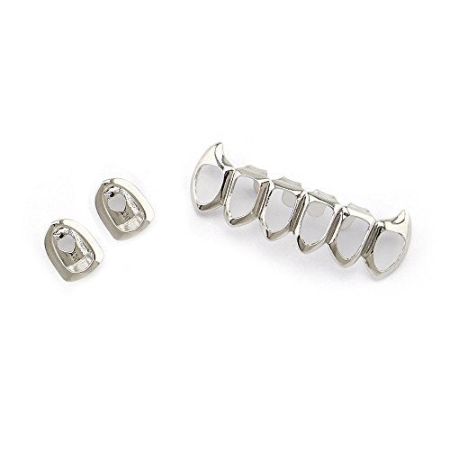 Huliyhus 18K Gold Plated Hip Hop Teeth Grillz Caps Open Face 2pcs Single Top and Bottom Grills for Your Teeth Grillz Set for Men Women (Silver) - Image 1