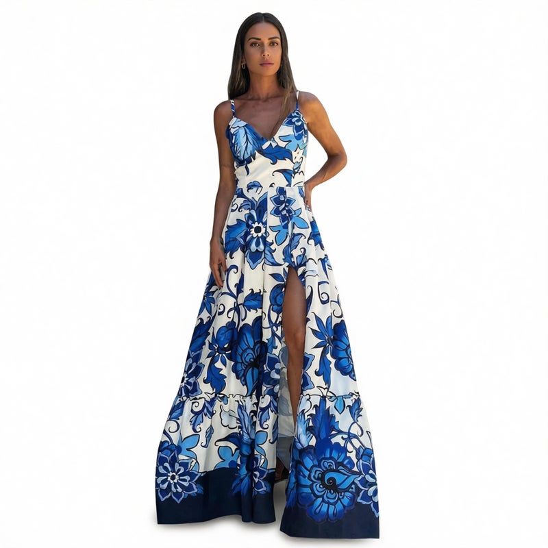 V Neck Sleeveless Long Dress with Floral Print, High Waist Slim Fit Bodycon Midi Dress