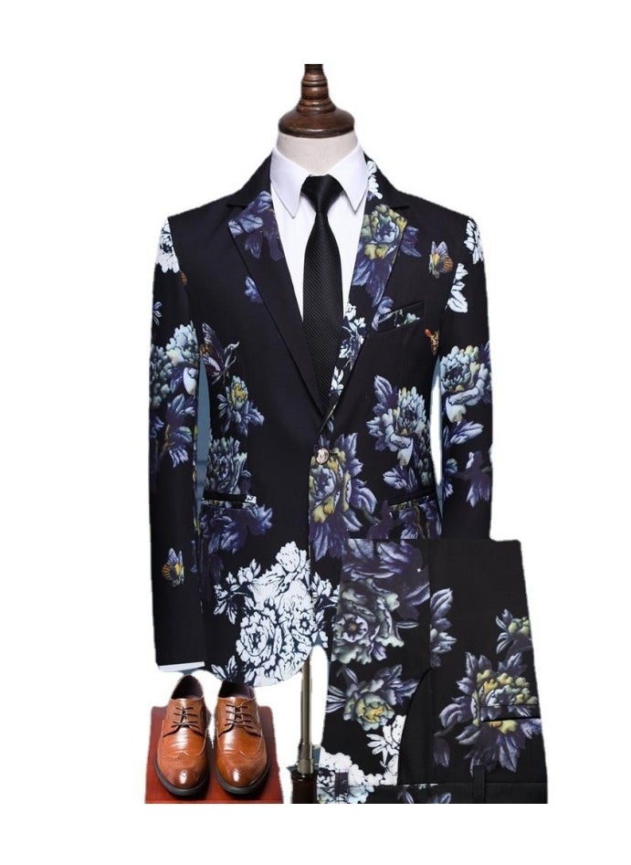 Shougu New Gentlemen's Fashionable Slim Fit Trend Lapel Floral Single Suit  - Image 1