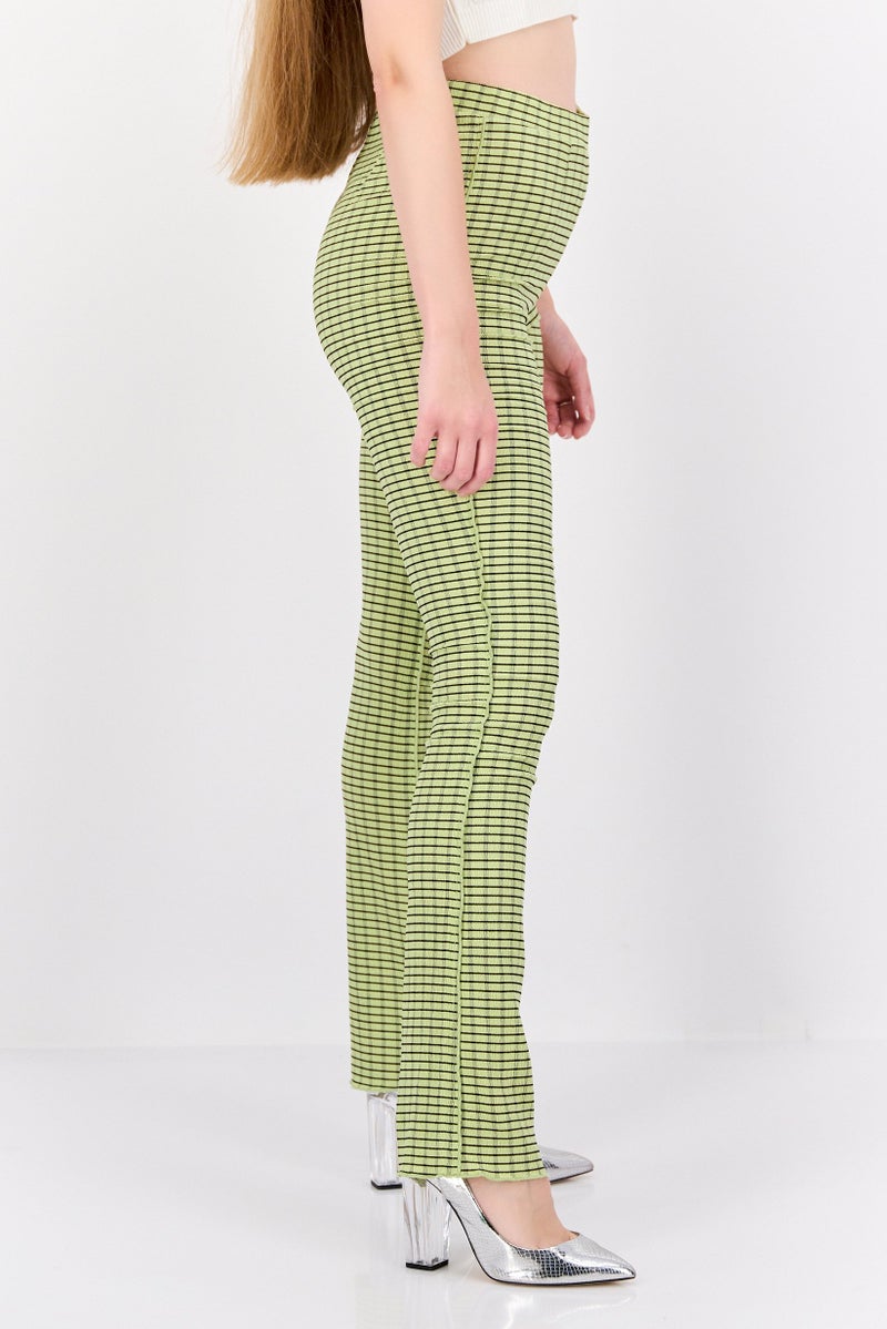 Urban Revivo Women Regular Fit Check Flare Pants, Light Green  - Image 2
