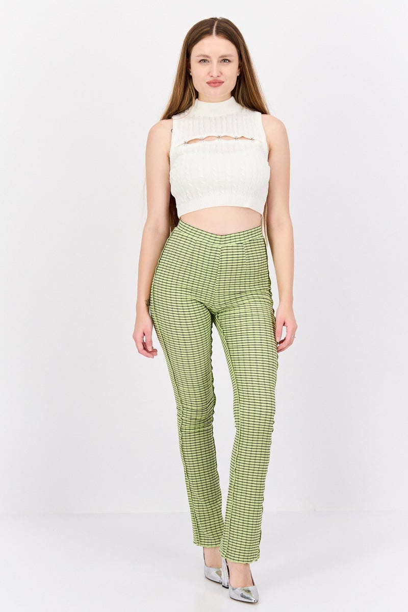 Urban Revivo Women Regular Fit Check Flare Pants, Light Green  - Image 4