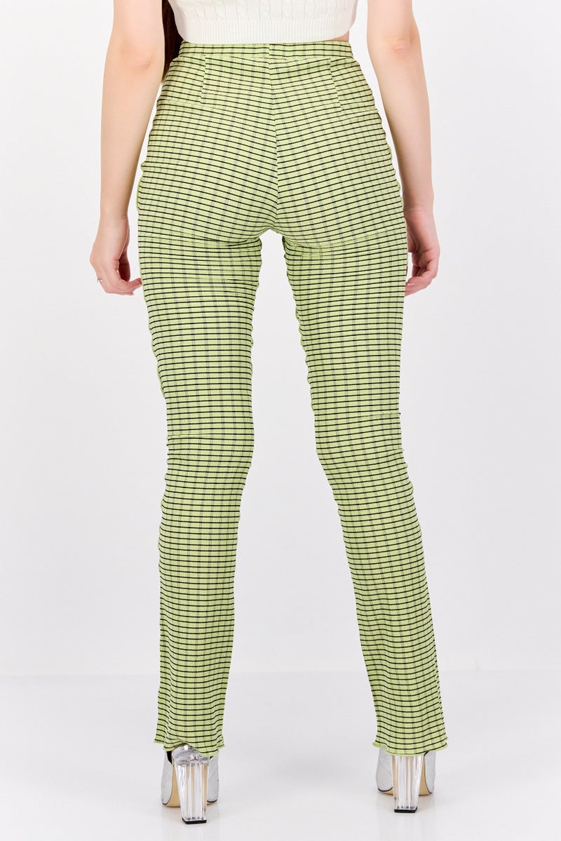 Urban Revivo Women Regular Fit Check Flare Pants, Light Green  - Image 3