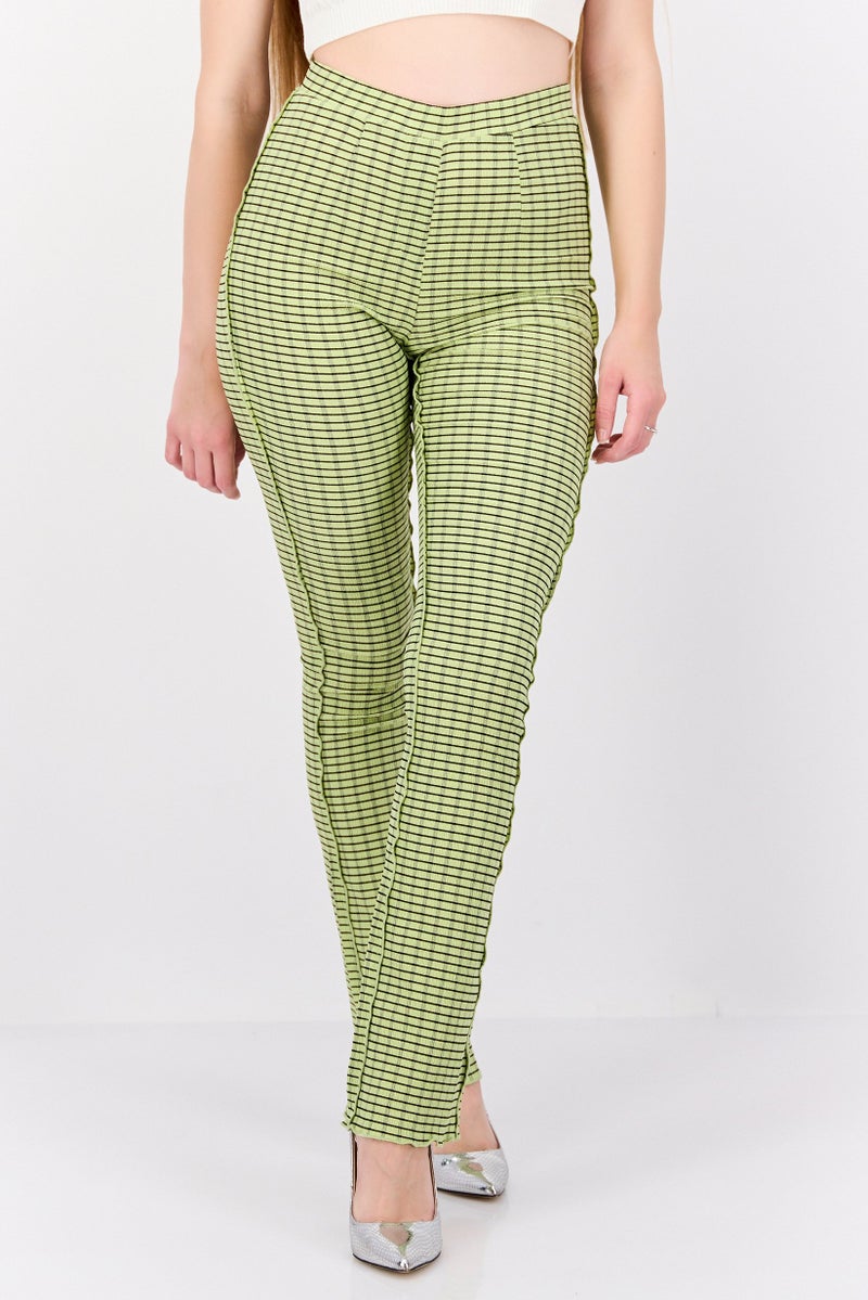 Urban Revivo Women Regular Fit Check Flare Pants, Light Green  - Image 1