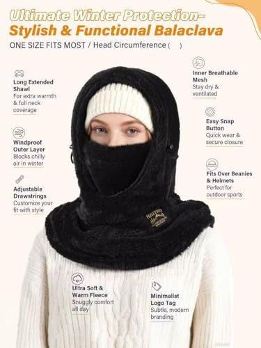 HAITHO Ski Mask Balaclava for Women Men, Winter Full Face Mask Hooded Scarf for Cold Weather, Thermal Fleece Head Cover Neck Warmer for Motorcycle Skiing Snowboarding-White - Image 2