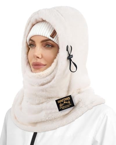 HAITHO Ski Mask Balaclava for Women Men, Winter Full Face Mask Hooded Scarf for Cold Weather, Thermal Fleece Head Cover Neck Warmer for Motorcycle Skiing Snowboarding-White - Image 1