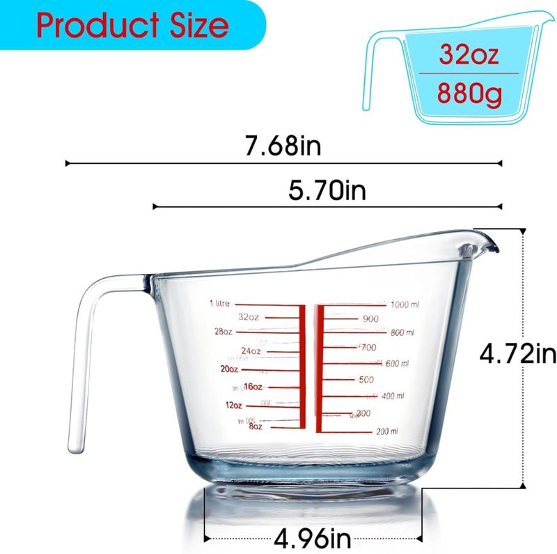 Incrizma 1000 ml Glass Measuring Cup, Heighten Spout for Easy Pouring Measuring Glass, Clear with Red Measurements - Image 2