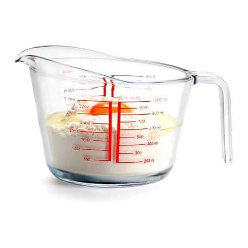 Incrizma 1000 ml Glass Measuring Cup, Heighten Spout for Easy Pouring Measuring Glass, Clear with Red Measurements - Image 1