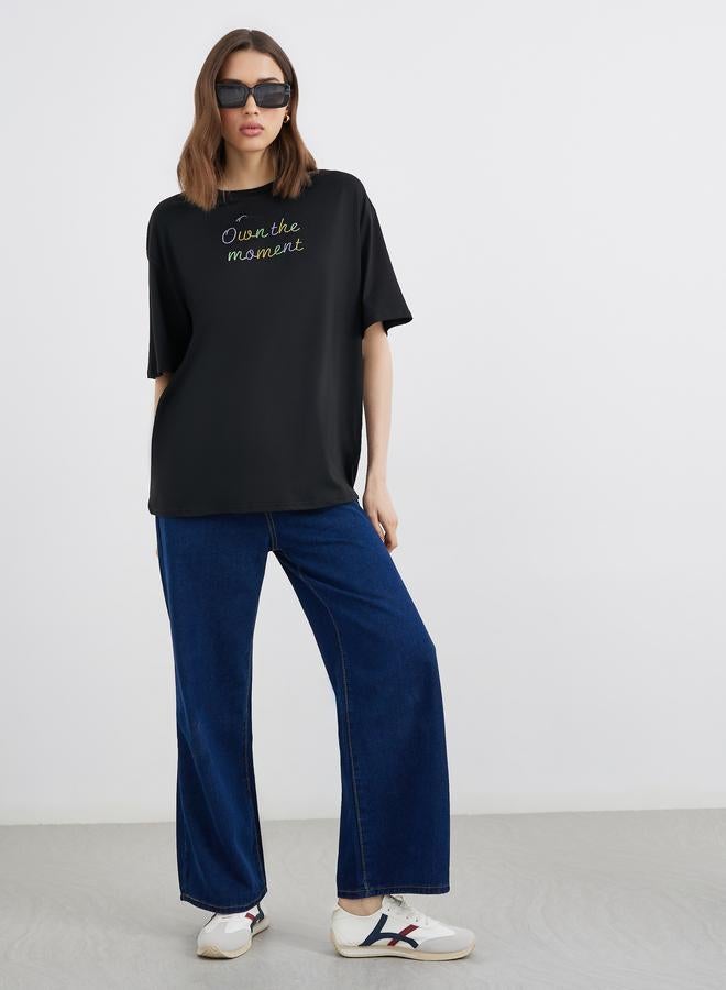 Take Two Black Oversized T-Shirt with Embroidered Slogan - Image 2
