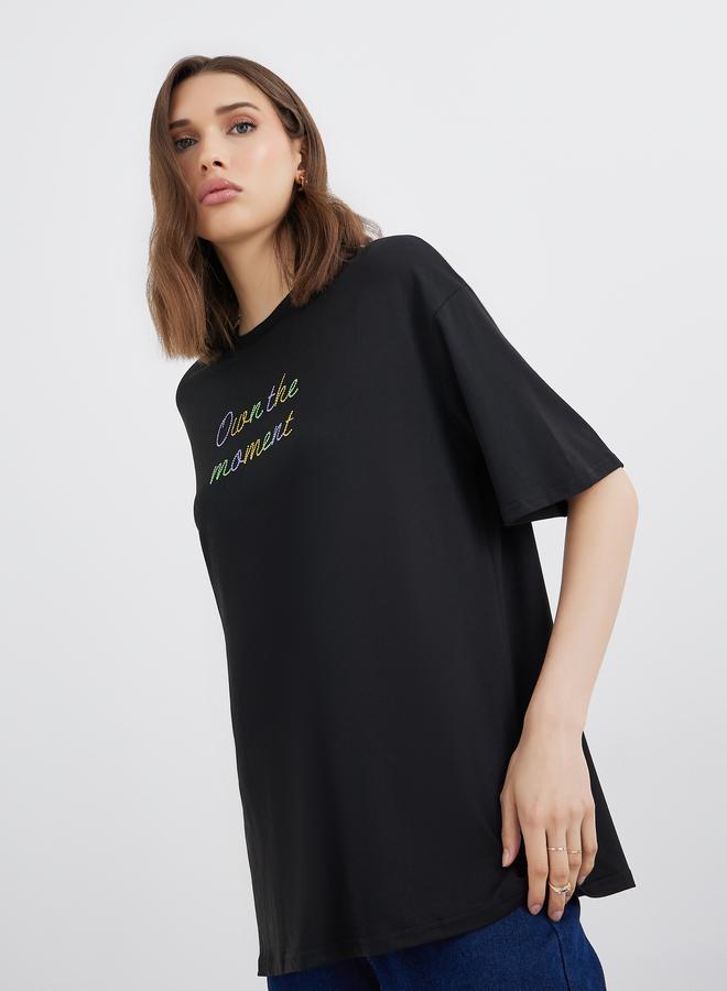 Take Two Black Oversized T-Shirt with Embroidered Slogan - Image 3