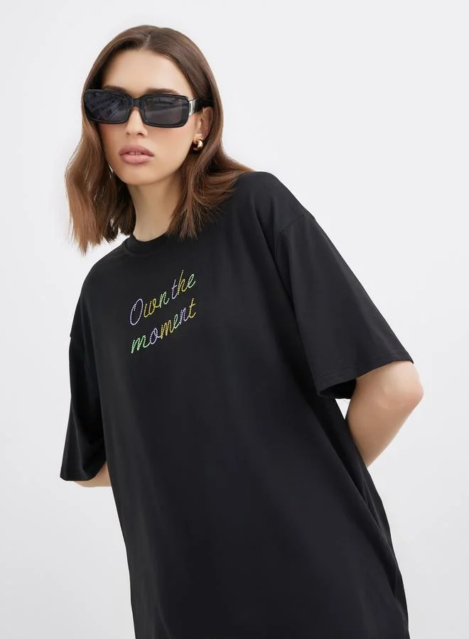 Take Two Take Two Black Oversized T-Shirt with Embroidered Slogan
