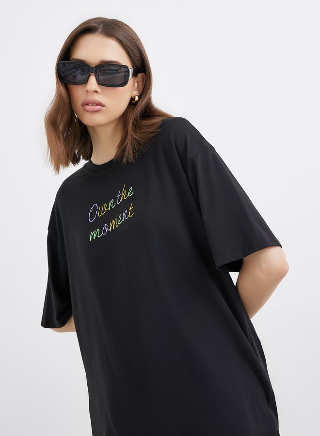 Take Two Black Oversized T-Shirt with Embroidered Slogan - Image 1