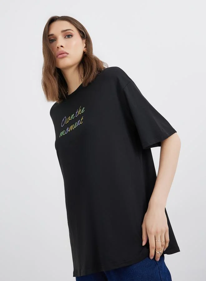 Take Two Black Oversized T-Shirt with Embroidered Slogan