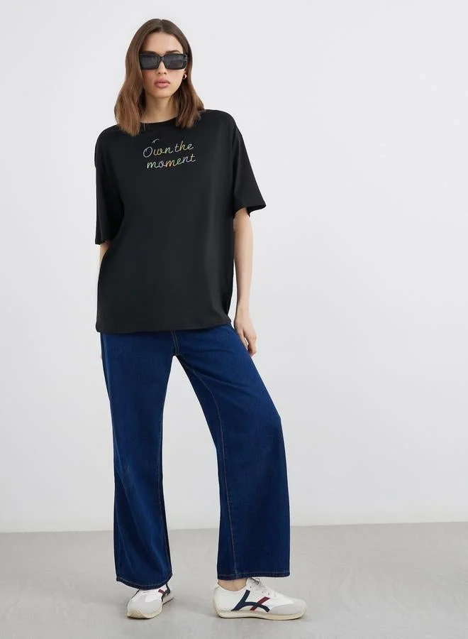 Take Two Black Oversized T-Shirt with Embroidered Slogan
