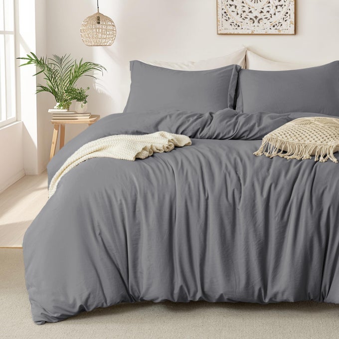 SUPER SOFT DUVET COVER 100 WASHED MICROFIBER DARK GREY COMFORTER COVER SET 3 PIECES WITH ZIPPER CLOSURE CORNER TIES NO COMFORTER