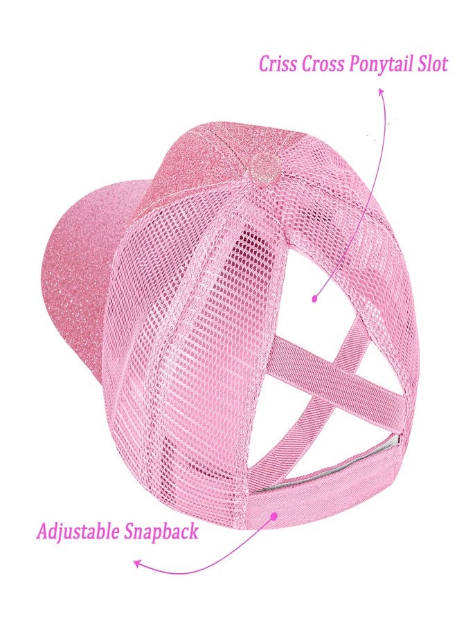 BROMZ Girls Glitter Baseball Cap Kids Ponytail Hat Adjustable Summer Mesh Trucker Hats for 4-12 Years Pink - Image 3