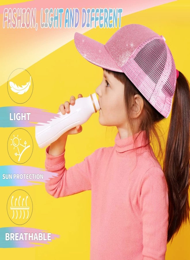 BROMZ Girls Glitter Baseball Cap Kids Ponytail Hat Adjustable Summer Mesh Trucker Hats for 4-12 Years Pink - Image 2
