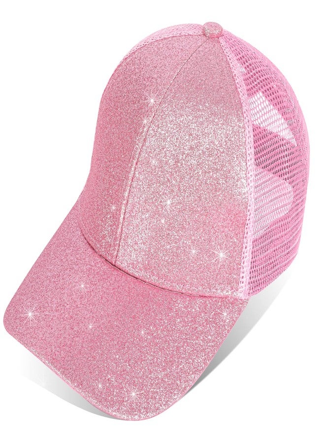 BROMZ Girls Glitter Baseball Cap Kids Ponytail Hat Adjustable Summer Mesh Trucker Hats for 4-12 Years Pink - Image 5
