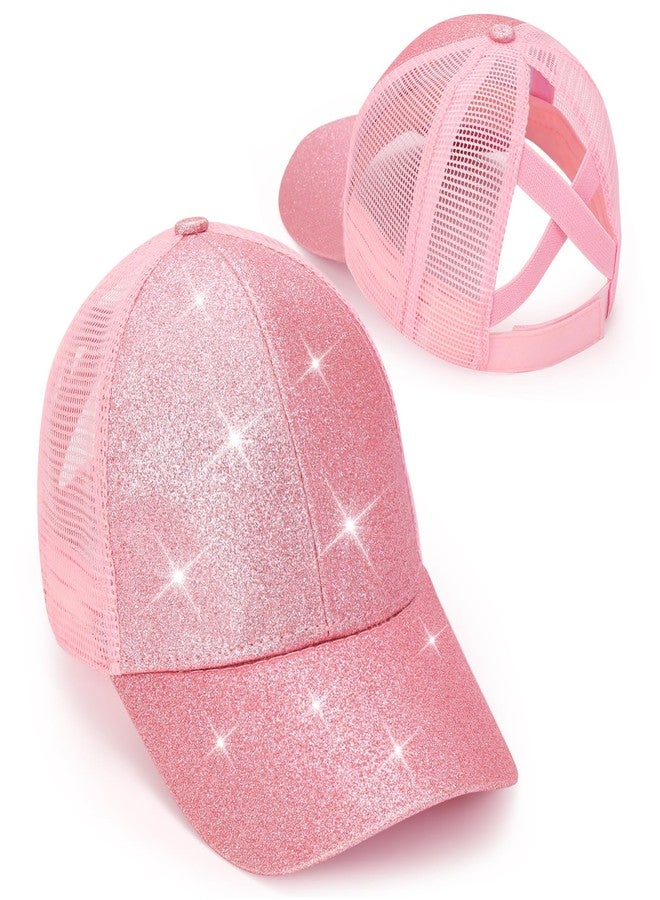 BROMZ Girls Glitter Baseball Cap Kids Ponytail Hat Adjustable Summer Mesh Trucker Hats for 4-12 Years Pink - Image 1