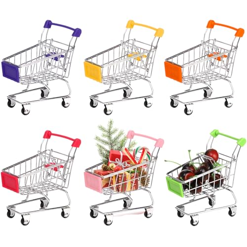 Dicunoy 6 PCS Mini Shopping Cart Mini Supermarket Shopping Grocery Handcart Small Decorative Ornaments Metal Shopping Utility Cart Mode on Wheels for Holder Desk Accessories - Image 1