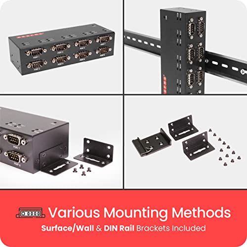Gearmo Industrial 8 Port USB to Serial Adapter with FTDI Chipset, RX/TX LED Indicators, DIN Rail & Surface Mounting Brackets, Windows 11, 10, 8, 7 Support, Includes USB-A Cable - Image 5