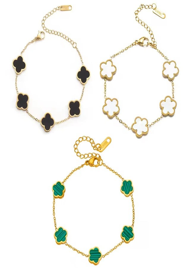 Okos Fashion Jewellery Combo of 3 Gold Plated Elegant Charming Black, White and Green Clover Adjustable Bracelet For Girls and Women BR1000059COM - Image 1