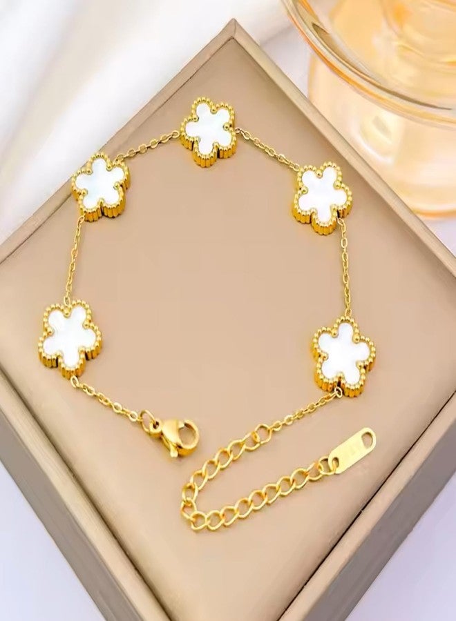 Okos Fashion Jewellery Combo of 3 Gold Plated Elegant Charming Black, White and Green Clover Adjustable Bracelet For Girls and Women BR1000059COM - Image 4