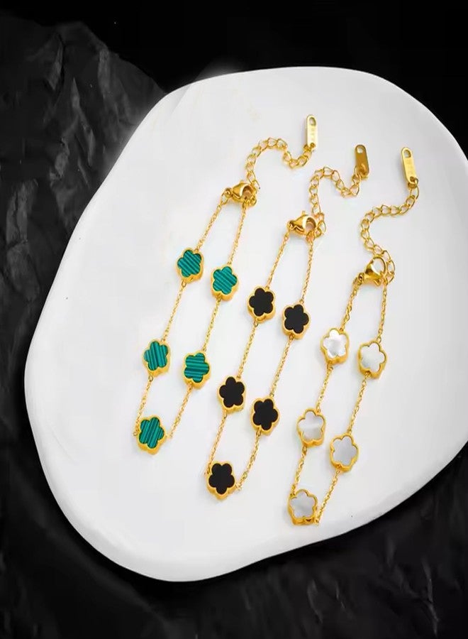 Okos Fashion Jewellery Combo of 3 Gold Plated Elegant Charming Black, White and Green Clover Adjustable Bracelet For Girls and Women BR1000059COM - Image 5